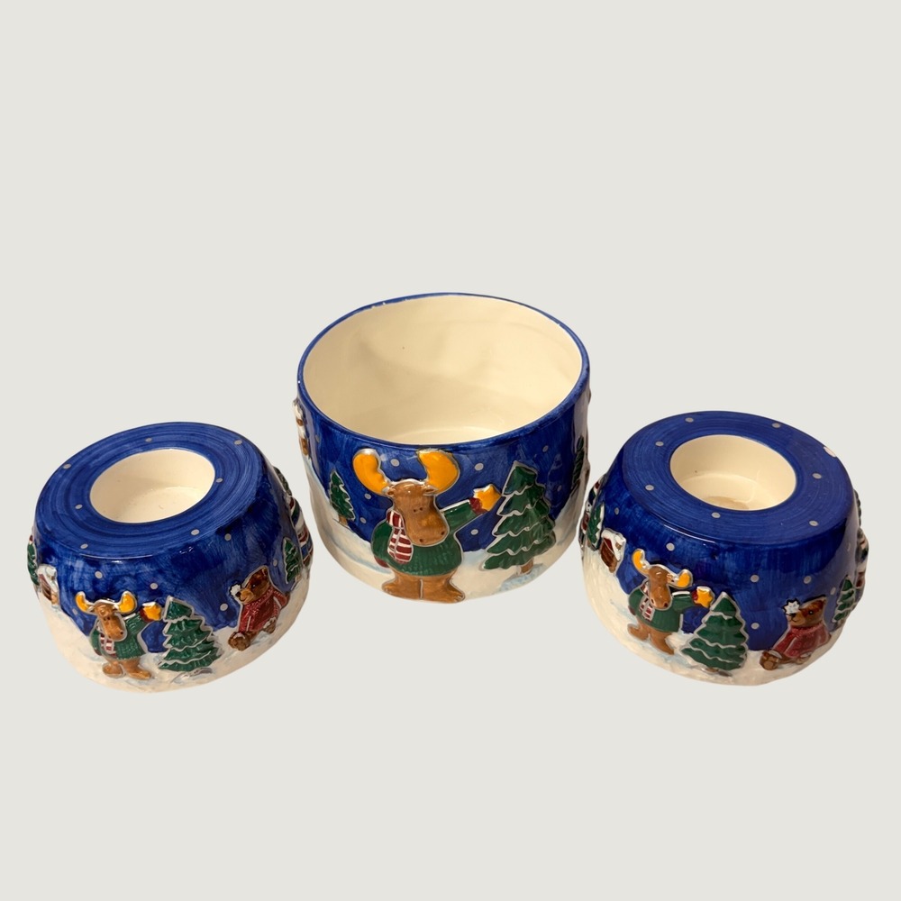 Ceramic Christmas Candle Holder Set 3pc Moose Snowman Bear Winter Scene Blue *